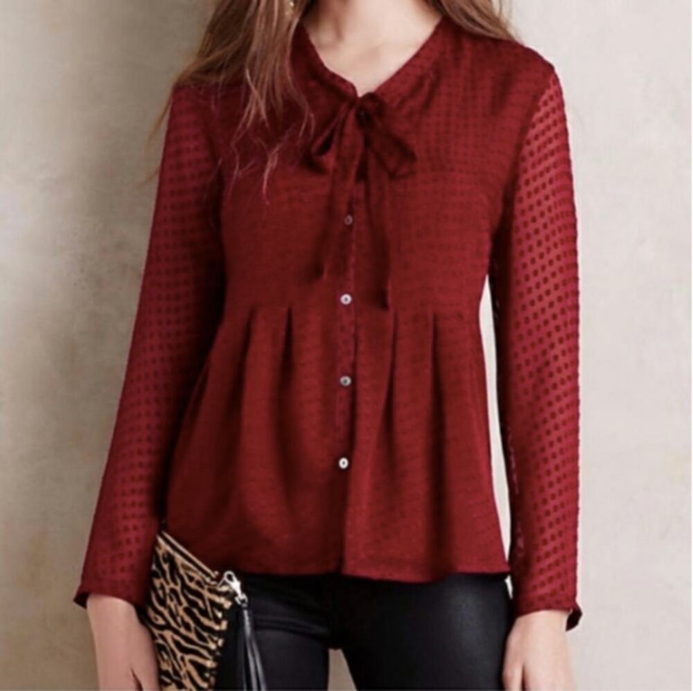 Anthropologie Meadow Rue Maroon Swiss Dot Blouse // S